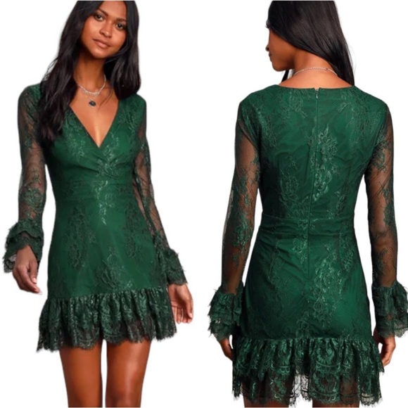 LULU’S NWT ALL YOURS EMERALD GREEN‎ LACE LONG SLEEVE RUFFLED MINI DRESS XL - Picture 1 of 15